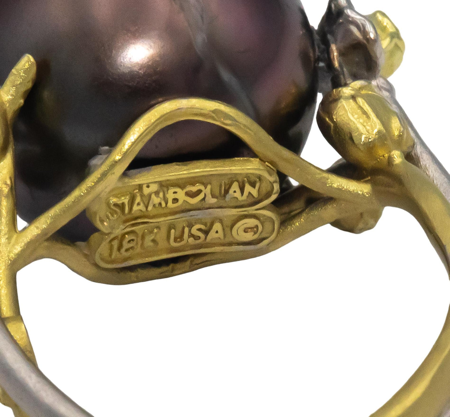 STAMBOLIAN 18k White Yellow Gold 0.03CT Diamond and 14.8mm Pearl Ring Size 4.75