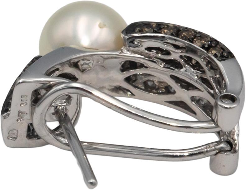 14k White Gold 0.33CT White and Brown Diamond and 7.7mm Pearl Curved Earrings