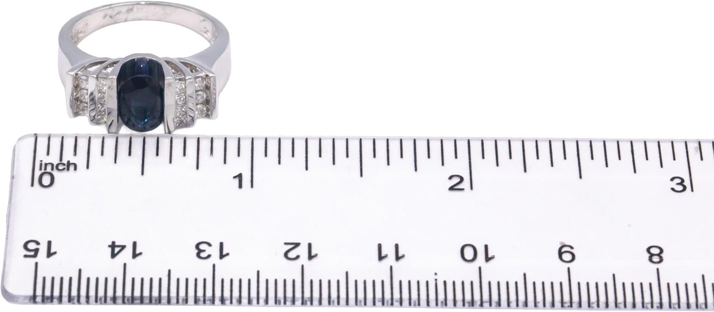 14k White Gold Round Diamond and Oval Sapphire Cocktail Ring 1.50CT Size 7.25