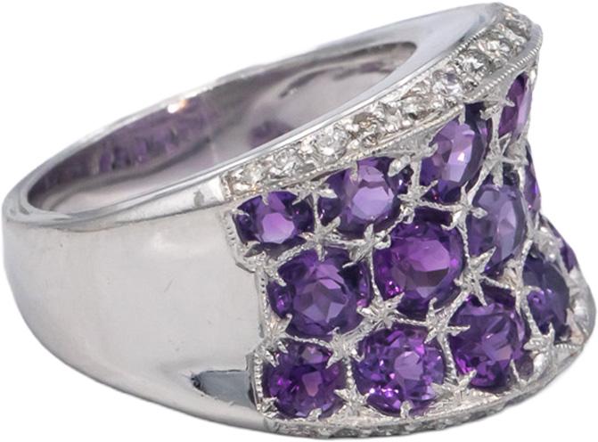18k White Gold 3.60CT Diamond and Amethyst Wide Band Ring Size 6.25