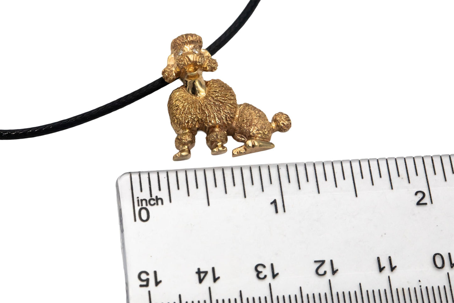 14k Yellow Gold Round Cut Diamond Textured Poodle Dog Pendant Necklace 0.03CT