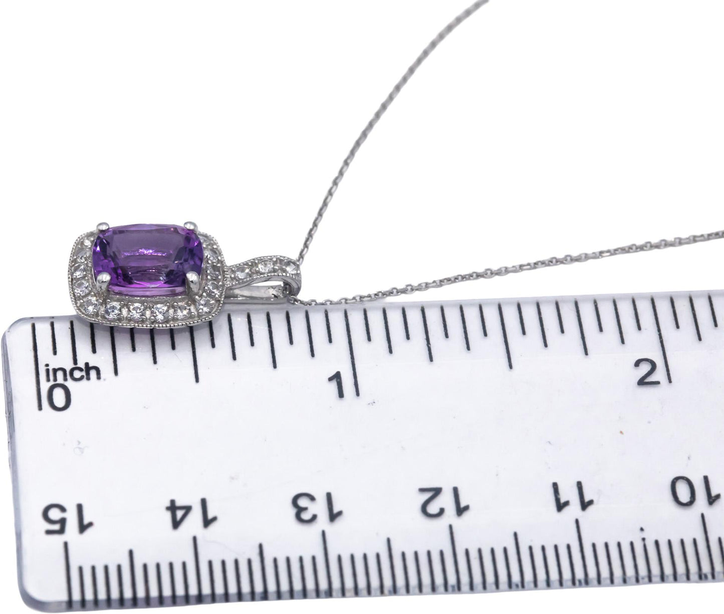 14k White Gold Amethyst and White Topaz Halo Pendant Necklace Chain 2.35CT
