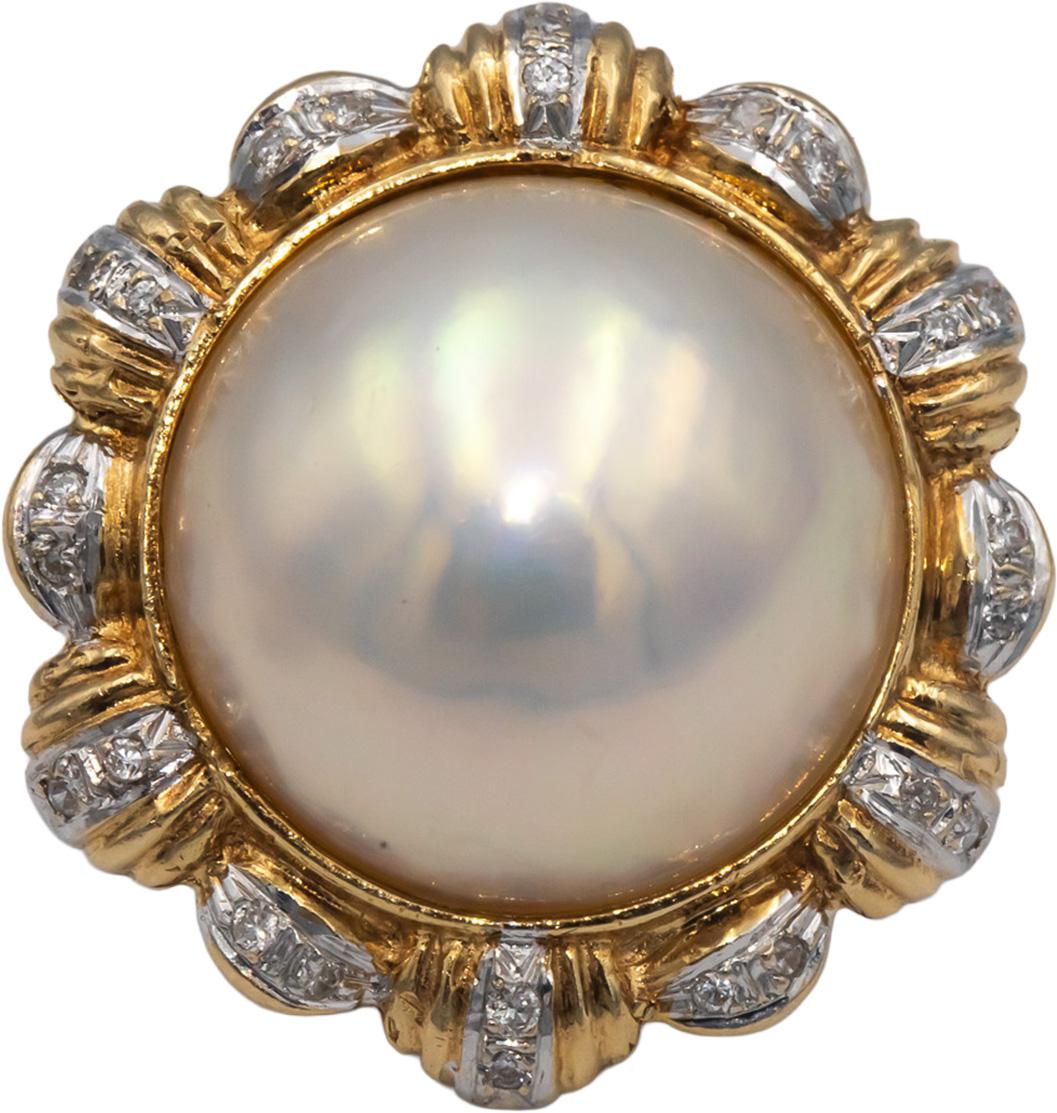 14k White and Yellow Gold 0.25CT Diamond and 16.8-17.0mm Mabe Pearl Earrings