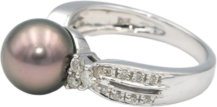 14k White Gold 0.25CT Diamond & 9mm Black Tahitian Pearl Cocktail Ring Size 7.25