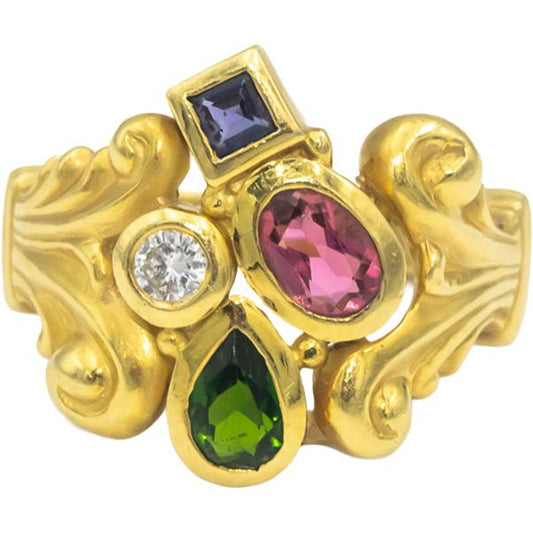 14k Yellow Gold Diamond Tourmaline Amethyst Tsavorite Cocktail Ring .10CT Size 6