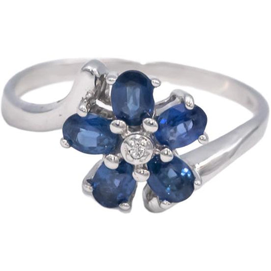 14k White Gold Oval and Round Sapphire and Diamond Flower Ring 1.26CT Size 8.5