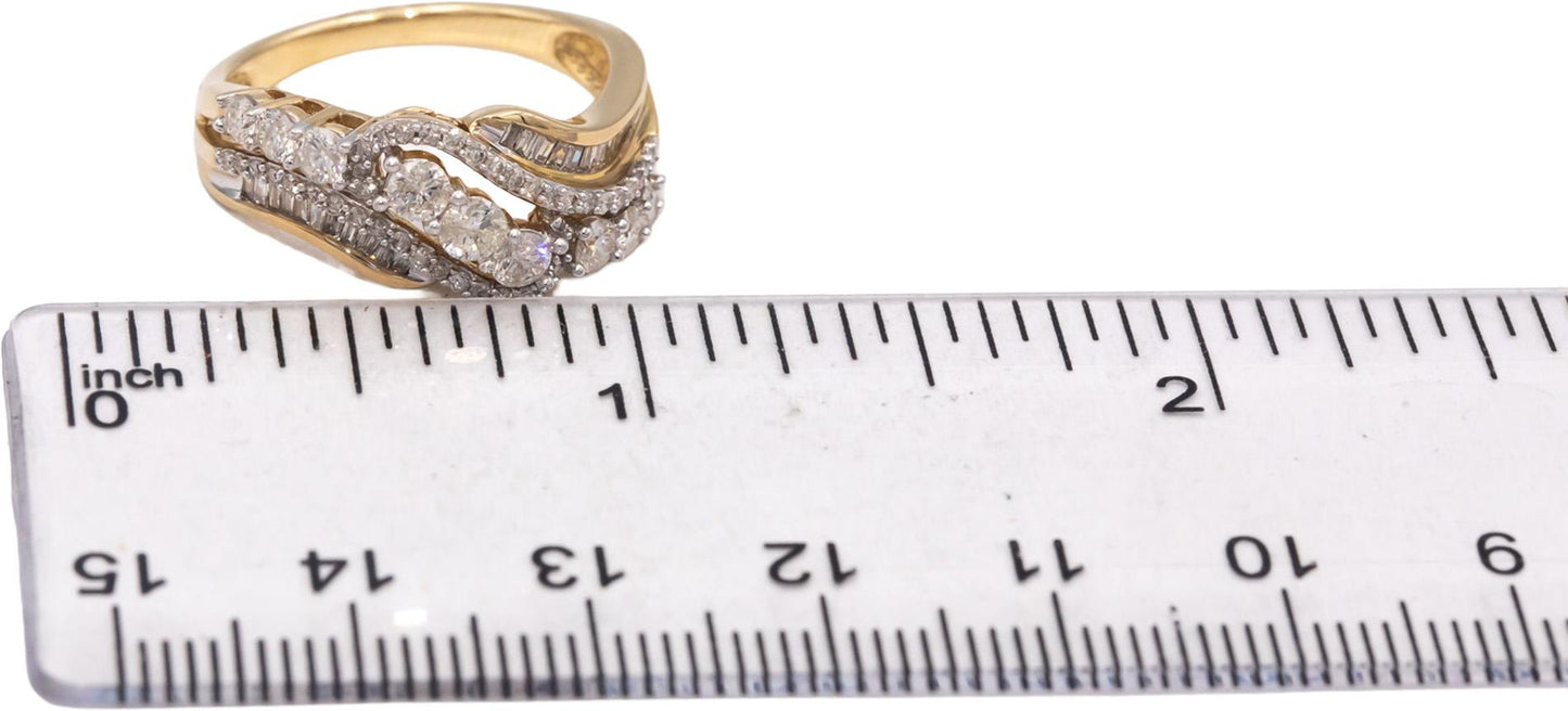 10k Yellow Gold Round & Baguette Cut Diamond Cocktail Ring 1.0CT Size 7