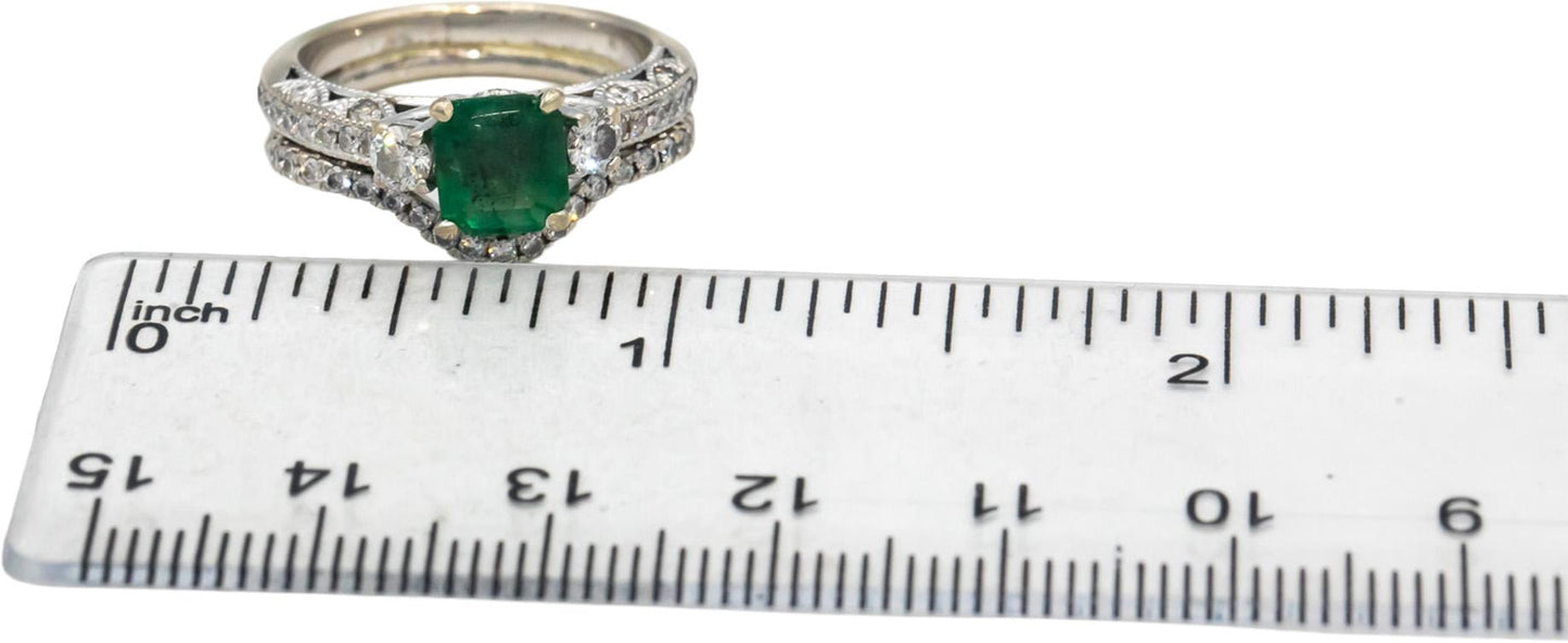 18k White Gold Emerald & Diamond Engagement Bridal Ring Set 2.16CT Size 6