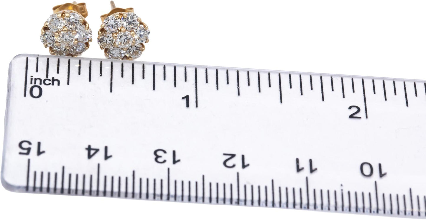 14k Yellow Gold Round VS Diamond Cluster Flower Stud Earrings 1.23CT