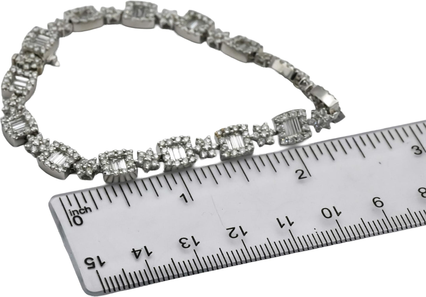 18k White Gold Round and Baguette Cut Diamond Fancy Link Bracelet 4.20CT