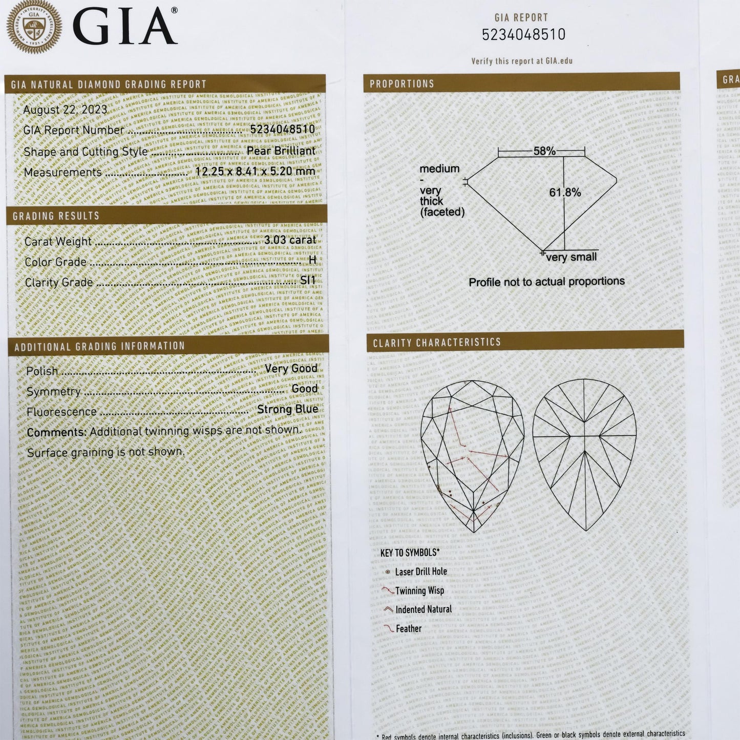 GIA 18k Two Tone Gold SI1/H Pear Cut Diamond Engagement Ring 3.03CT Size 6.25
