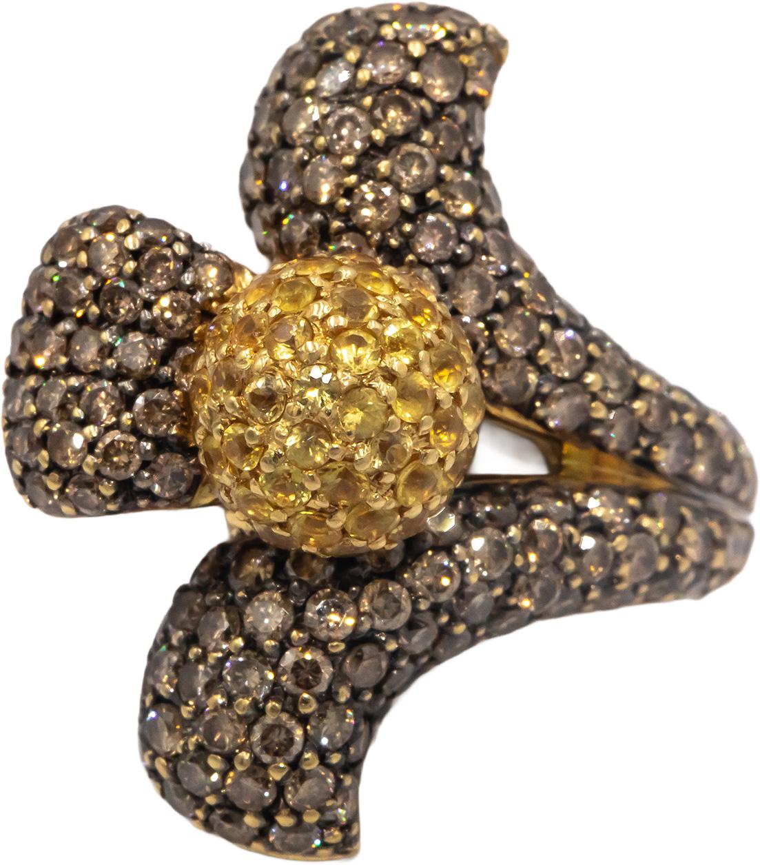 18k Yellow Gold 2.0CT Brown Diamond Yellow Sapphire Flower Ring Size 5.5