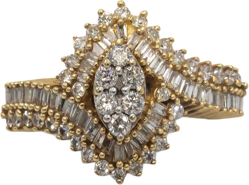 10k Yellow Gold Round & Baguette Cut Diamond Cluster Cocktail Ring 1.0CT Size 7