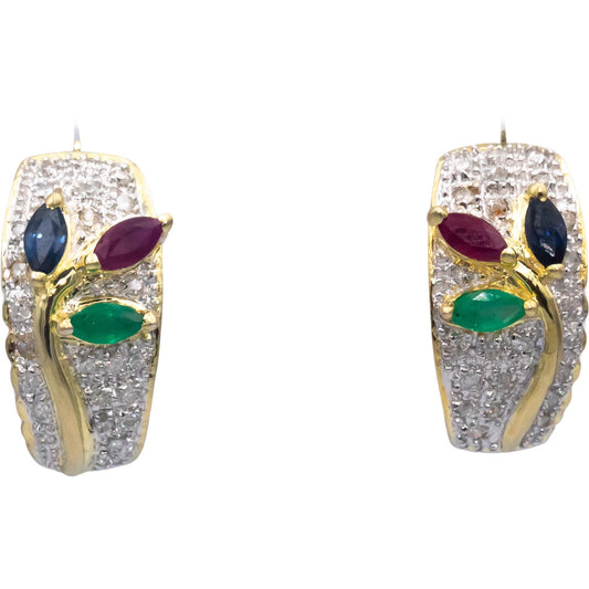 14k Yellow Gold 0.90CT Diamond Emerald Ruby Sapphire Curved Floral Earrings