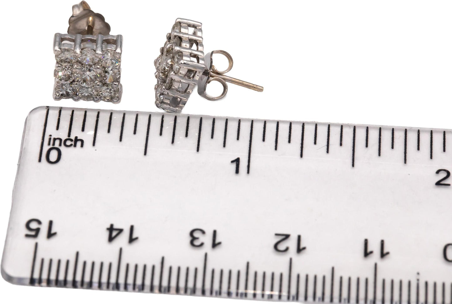 14k White Gold Round Diamond Square Cluster Stud Earrings 1.60CT