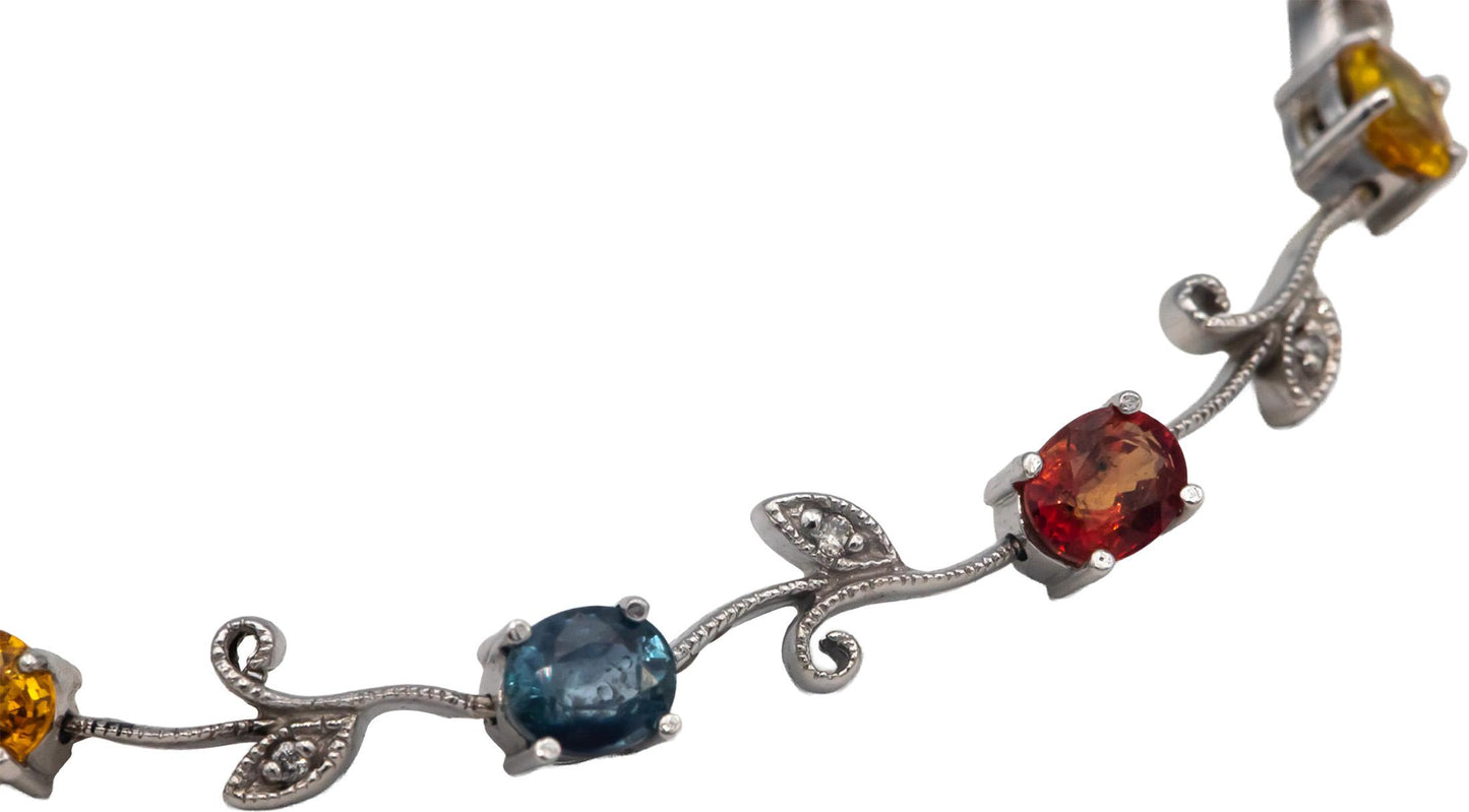 14k White Gold 5.06CT Diamond and Rainbow Sapphire Floral Link Bracelet