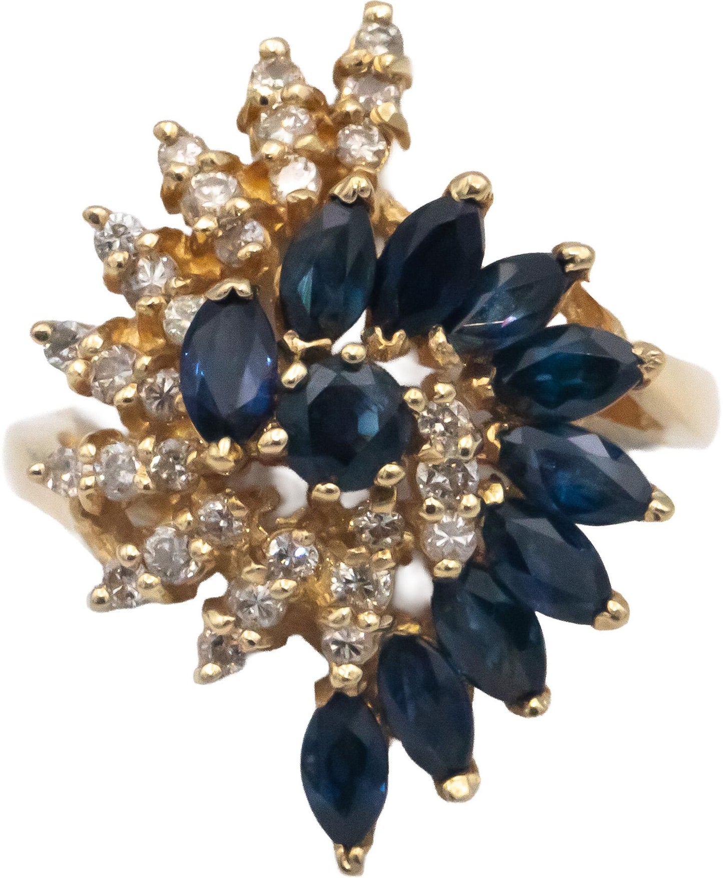 14k Yellow Gold 1.75CT Diamond and Sapphire Swirl Cocktail Ring Size 6