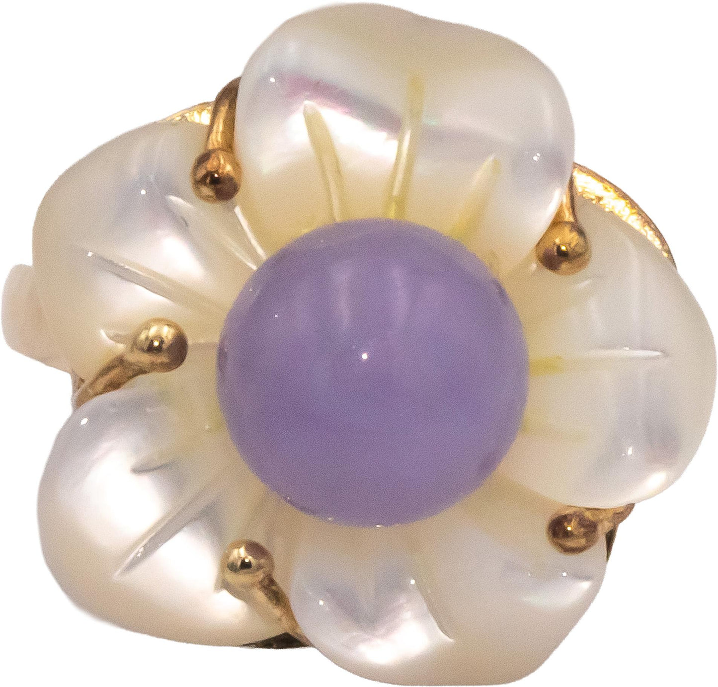 14k Yellow Gold Purple Jade and Carved Mother of Pearl Flower Ring Size 7.25