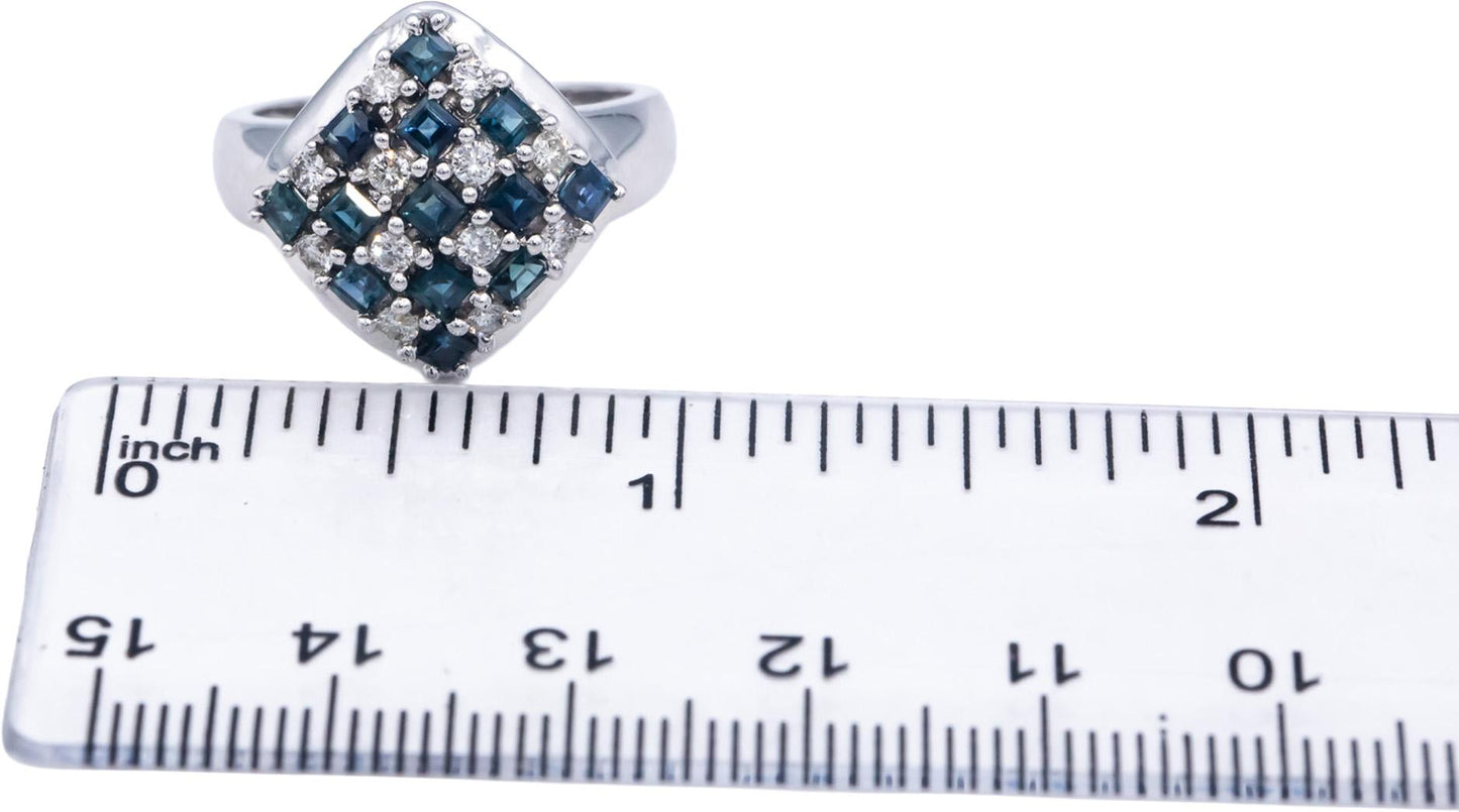 14k White Gold Diamond and Blue Sapphire Checkerboard Ring 1.08CT Size 7.25