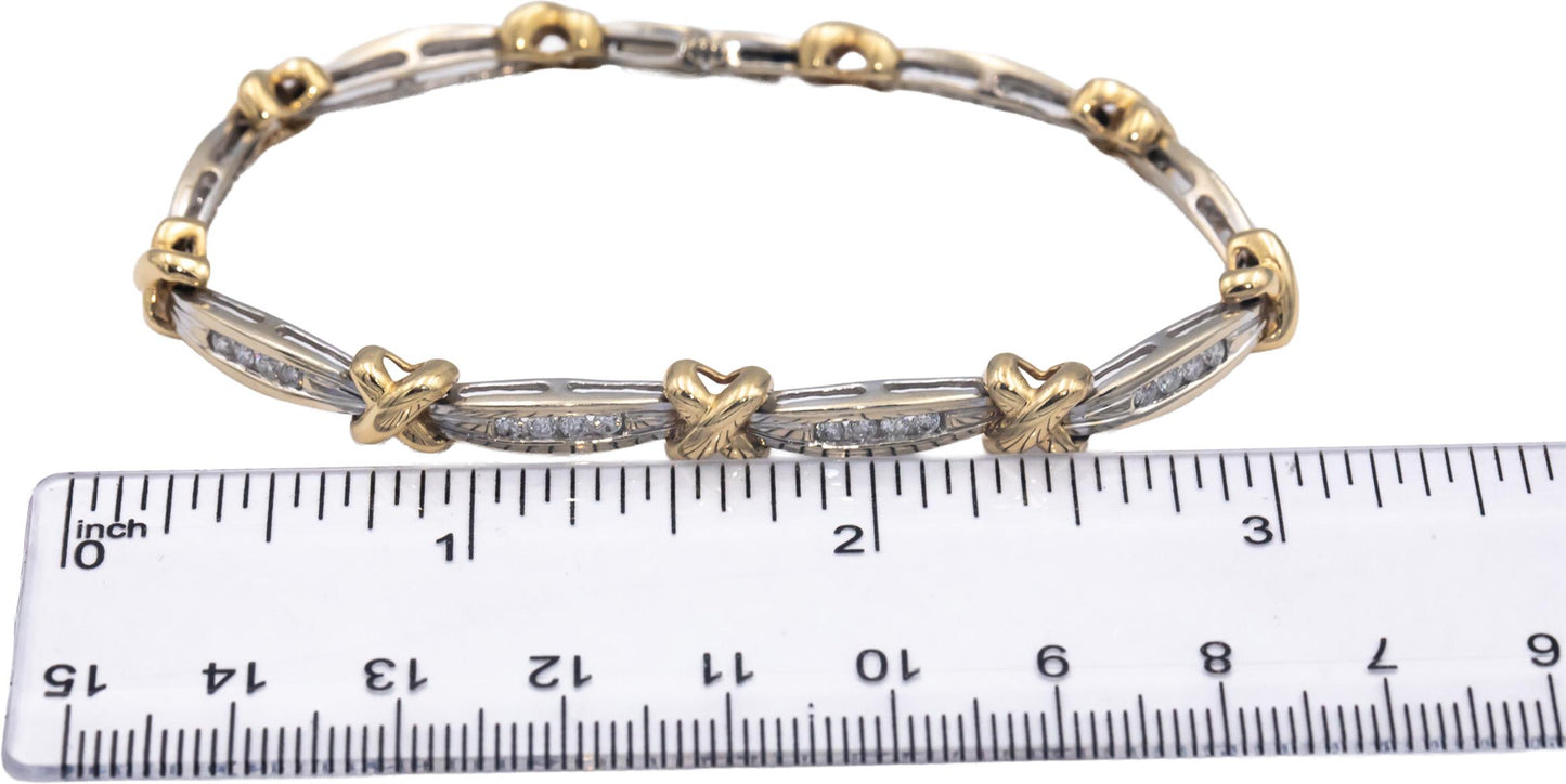14k White & Yellow Gold Round Channel Set Diamond Fancy Link Bracelet 1.0CT
