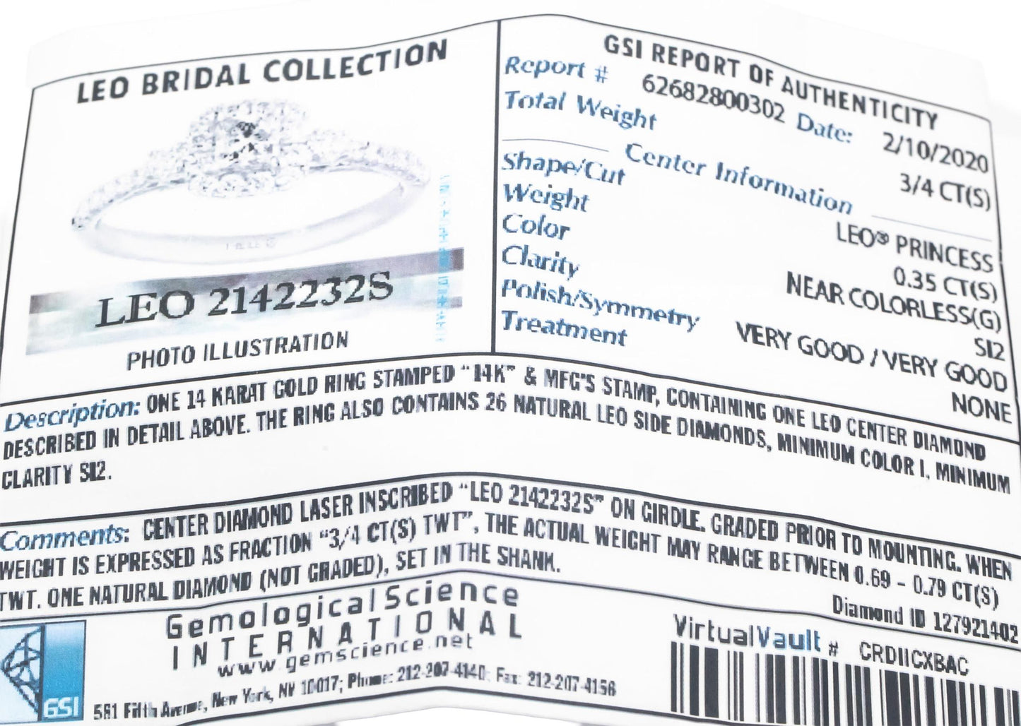 GSI 14k White Gold The Leo Princess Diamond Engagement Ring 0.75CT Size 7