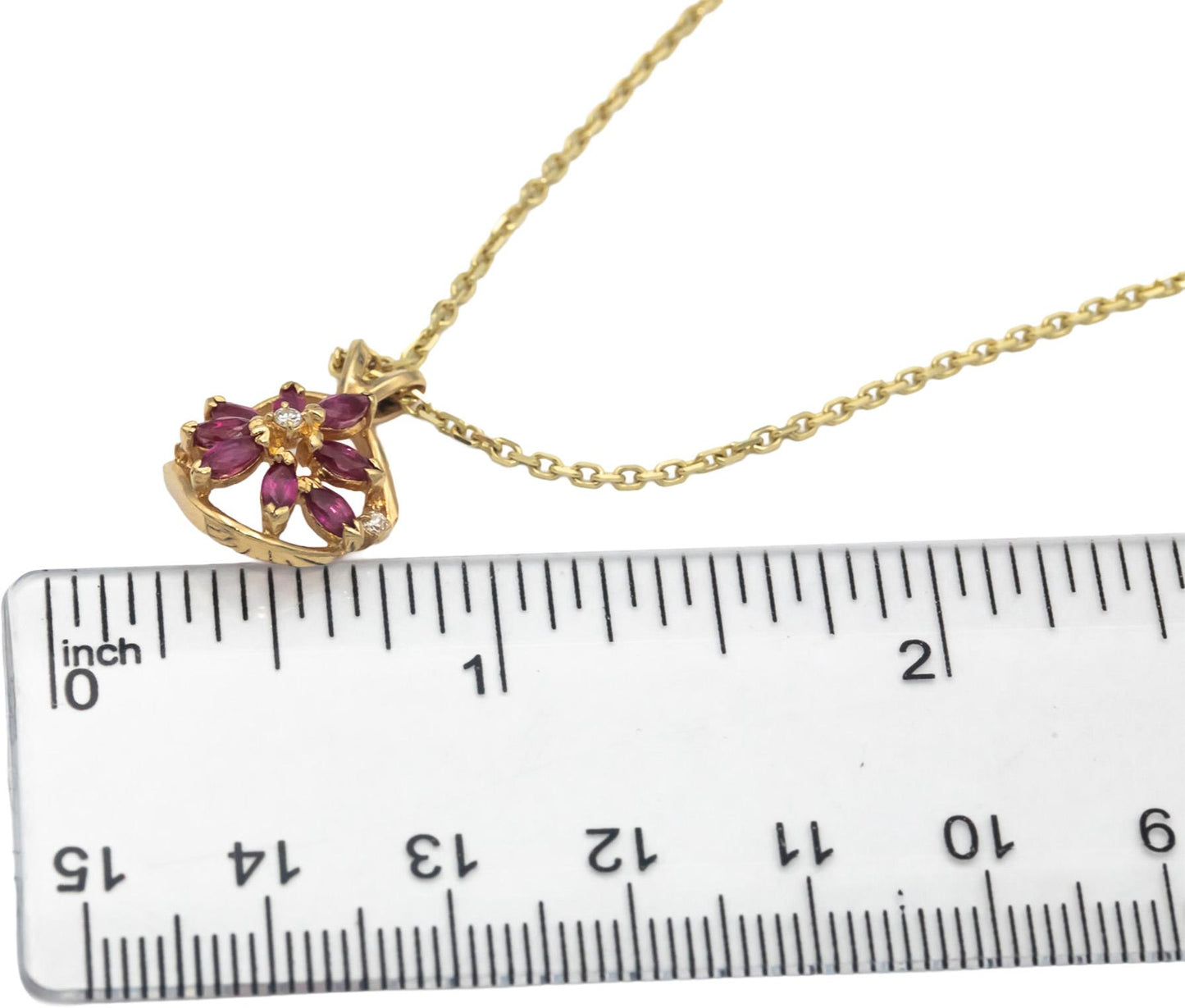 14k Yellow Gold .52CT Diamond and Ruby Floral Pendant Chain Necklace