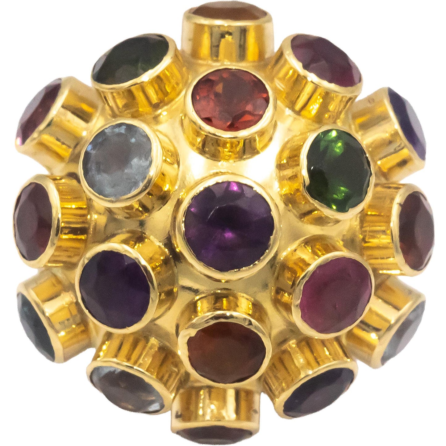 Assorted Rainbow Gemstone 18k Yellow Gold Bezel Set Sputnik Dome Ring Size 6.5