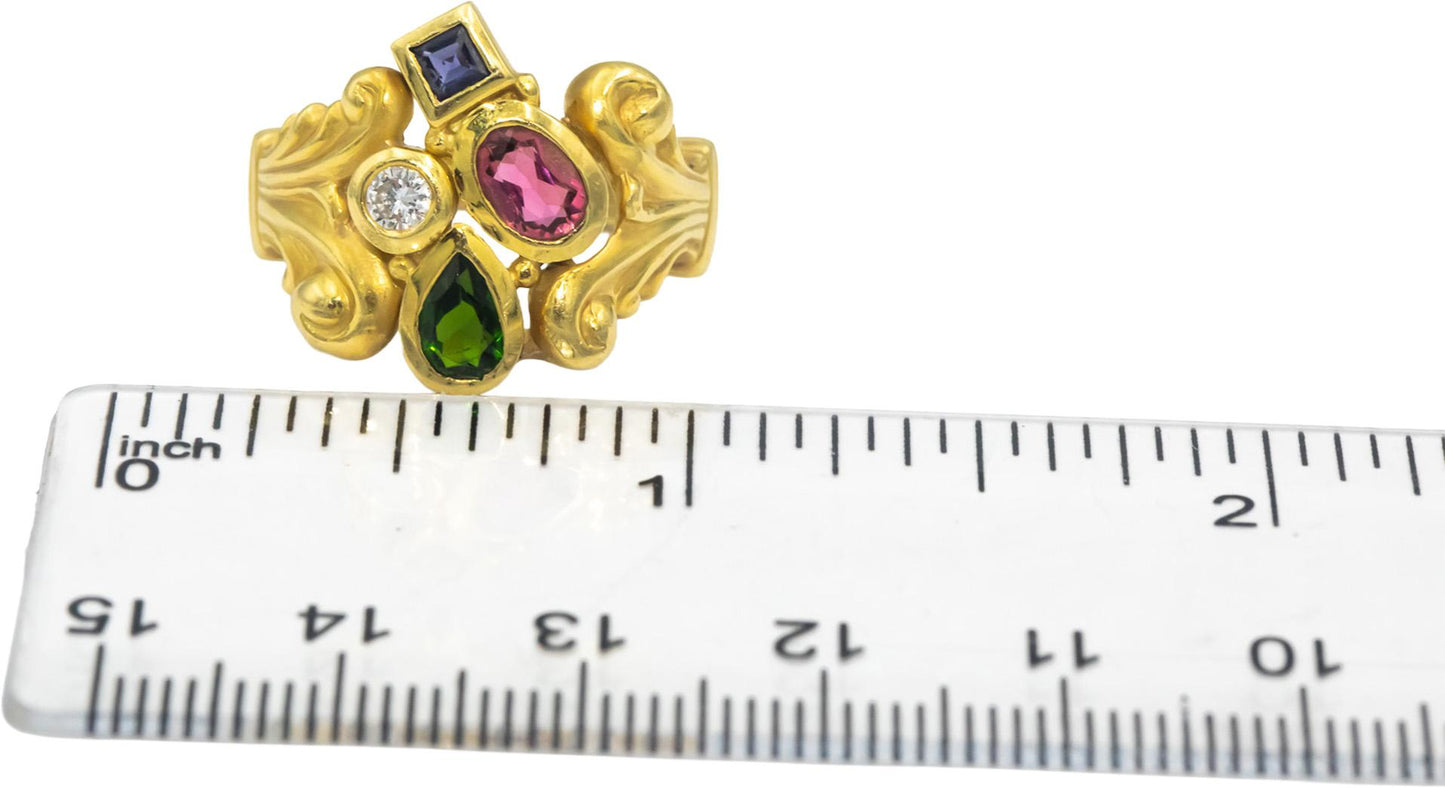 14k Yellow Gold Diamond Tourmaline Amethyst Tsavorite Cocktail Ring .10CT Size 6