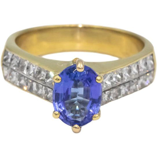 18k Yellow Gold Oval Tanzanite & Princess Diamond Cocktail Ring 2.40CT Size 6