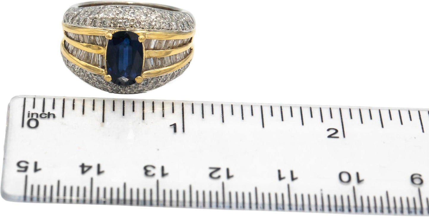 18k Yellow Gold & Platinum Diamond Sapphire Cocktail Ring 4.14CT Size 6.25