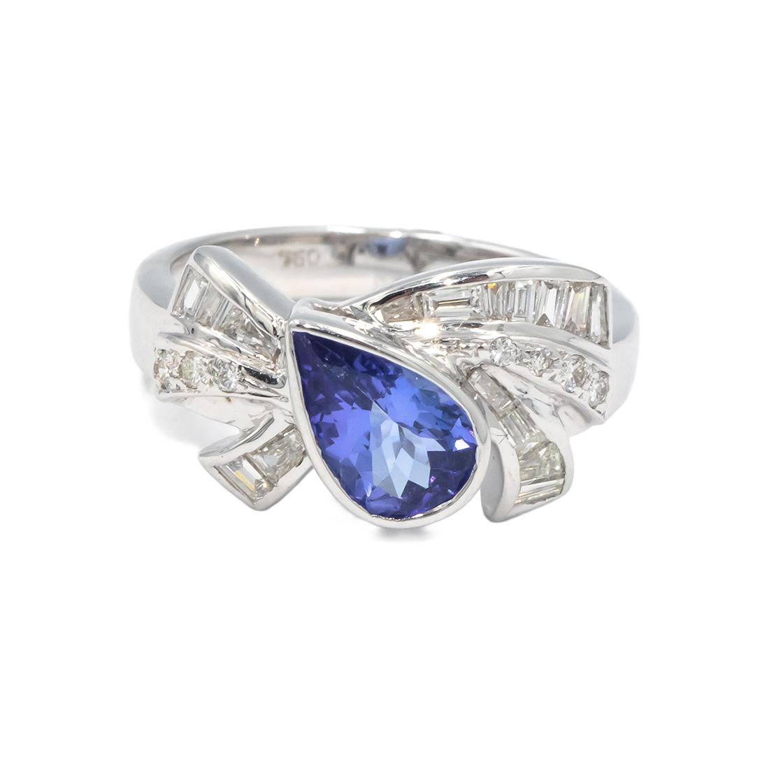 18k White Gold 1.40CT Diamond and Tanzanite Ribbon Ring Size 7
