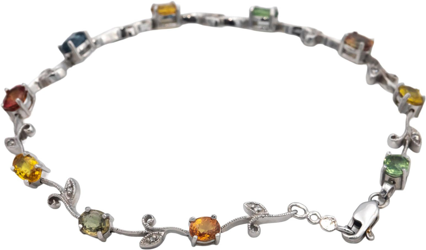 14k White Gold 5.06CT Diamond and Rainbow Sapphire Floral Link Bracelet