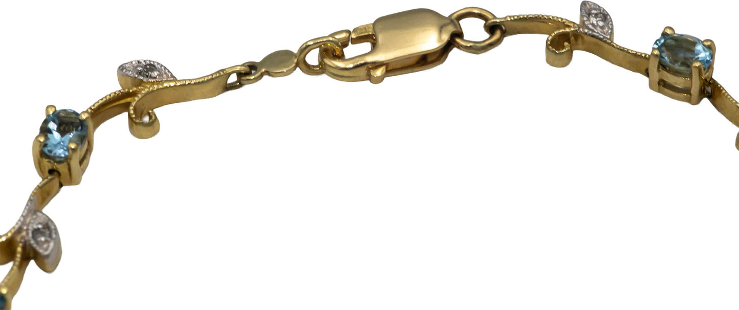 14k Yellow Gold 1.56CT Diamond and Aquamarine Floral Link Bracelet