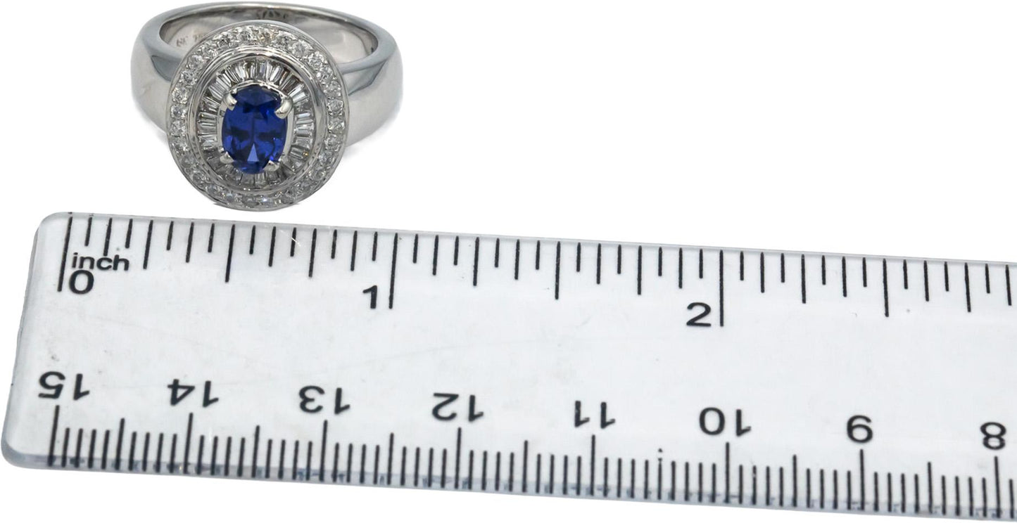 18k White Gold 1.25CT Diamond and Blue Sapphire Halo Ring Size 6.5