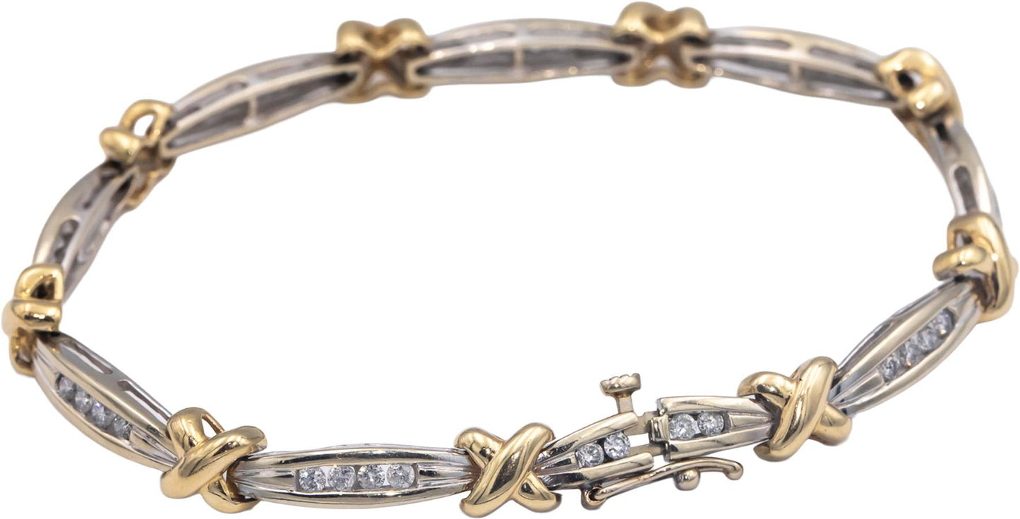 14k White & Yellow Gold 1.0CT Round Cut Diamond Fancy Link Bracelet
