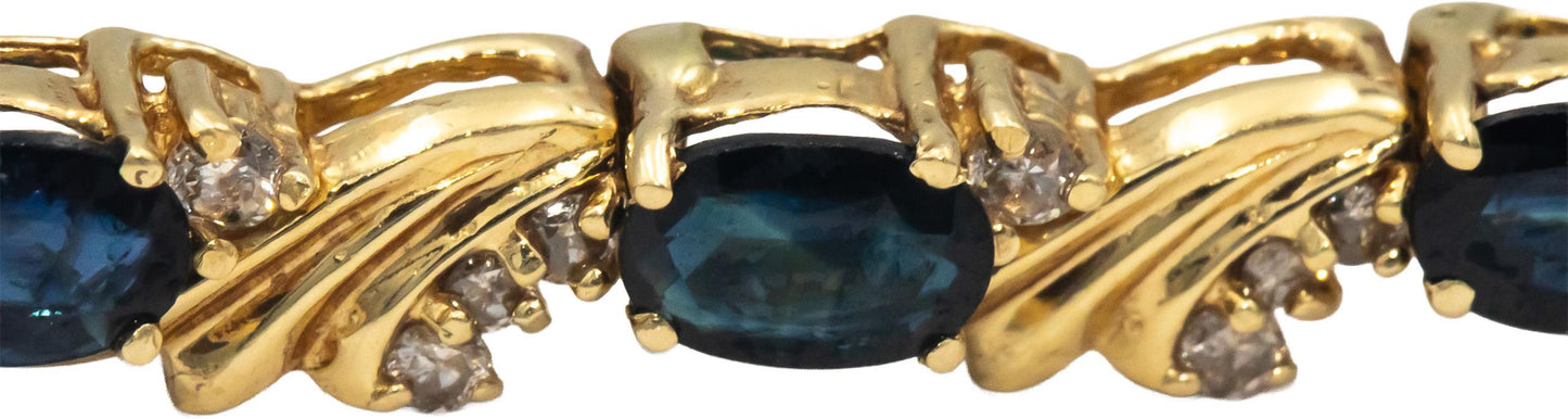 14k Yellow Gold Round Diamond and Oval Sapphire Fancy Link Bracelet 8.0CT