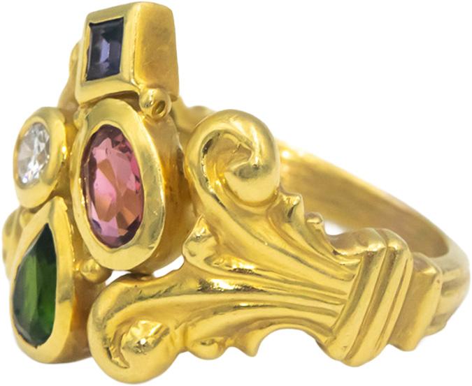 14k Yellow Gold Diamond Tourmaline Amethyst Tsavorite Cocktail Ring .10CT Size 6