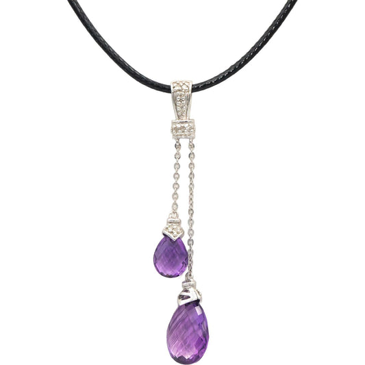 14k White Gold Briolette Amethyst Round Diamond Dangle Pendant Necklace