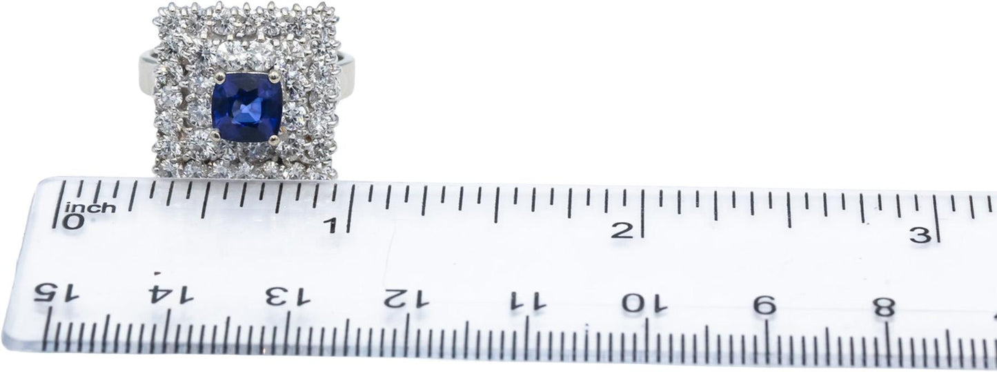 14k White Gold Cushion Cut Sapphire Round Diamond Cluster Cocktail Ring 2.95CT
