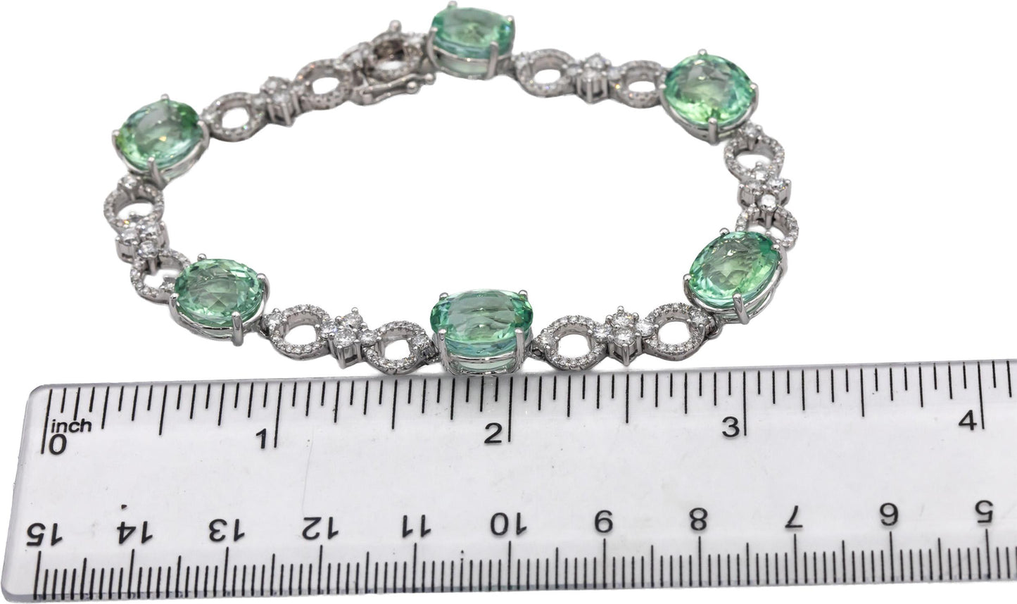 Designer 18k White Gold Green Amethyst & VS Diamond Link Bracelet 24.0CTW