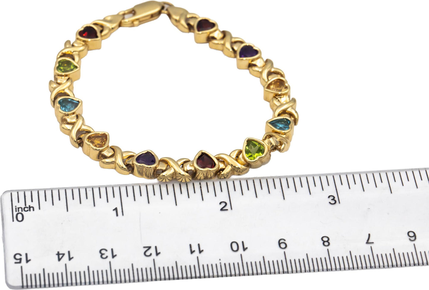 14k Yellow Gold Heart Cut Bezel Set Rainbow Assorted Gemstone Bracelet 7.0CTW