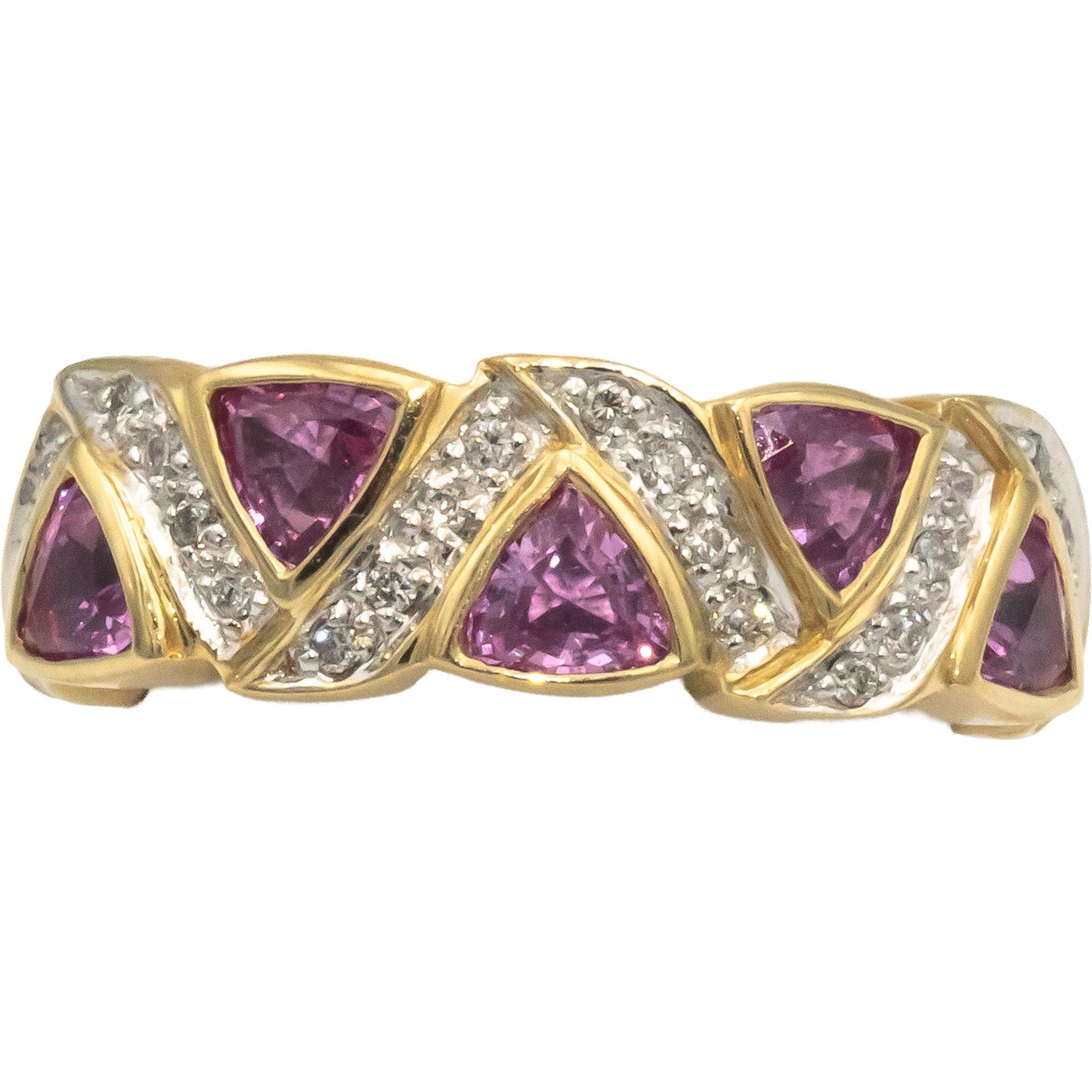 KALATI Designer 14k Yellow Gold 0.90CT Diamond and Pink Sapphire Ring Size 6.75