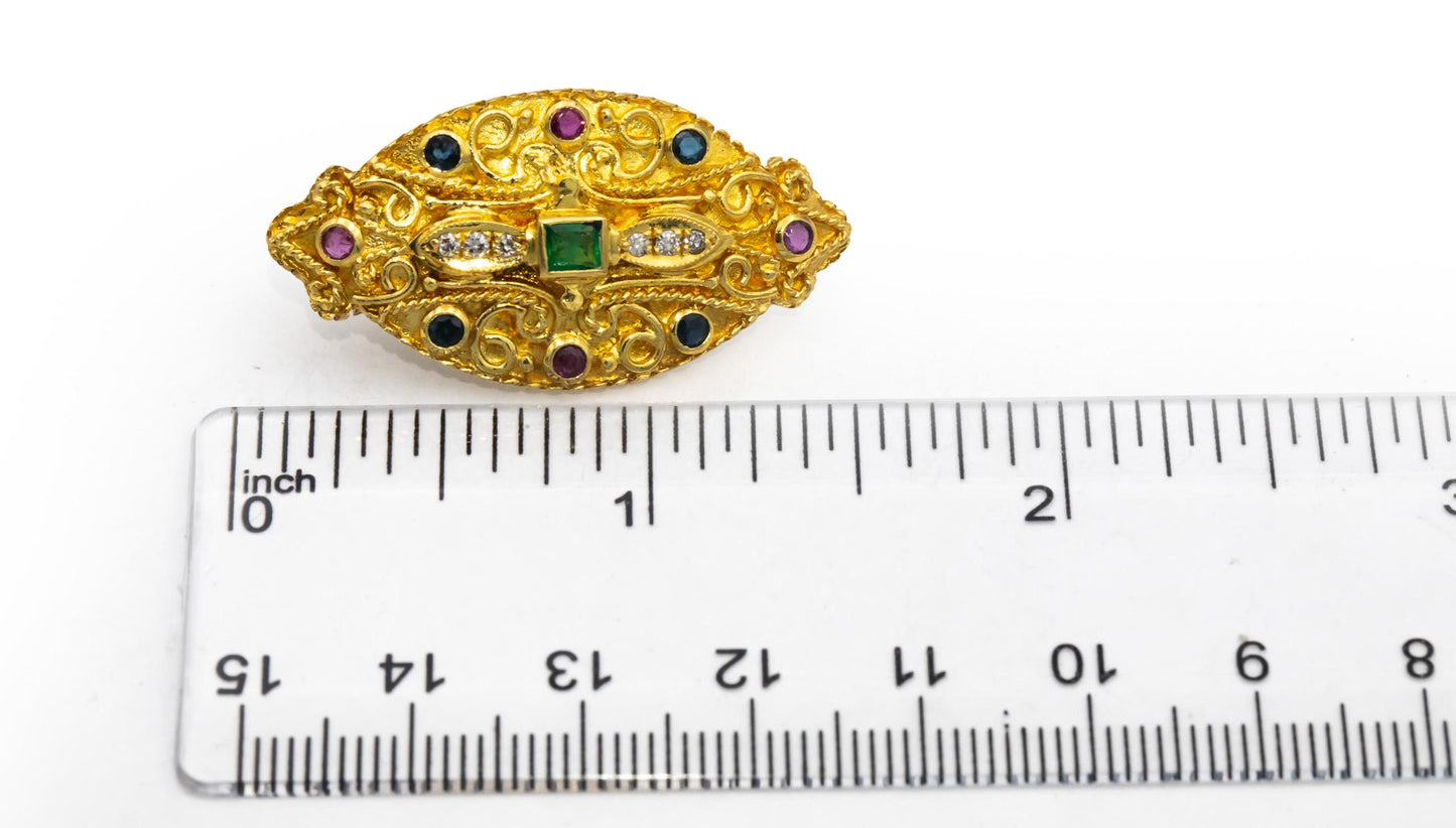 18k Yellow Gold Diamond Ruby Emerald Sapphire Earrings 1.20CT