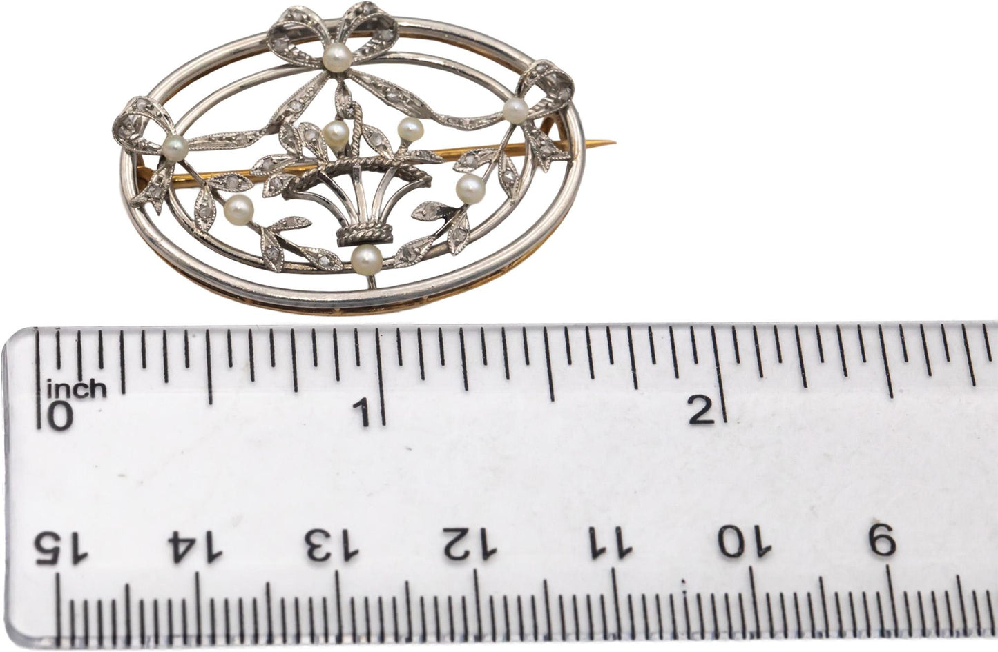 Vintage Antique 10k White and Yellow Gold 2.2mm Pearl & Rose Cut Diamond Brooch