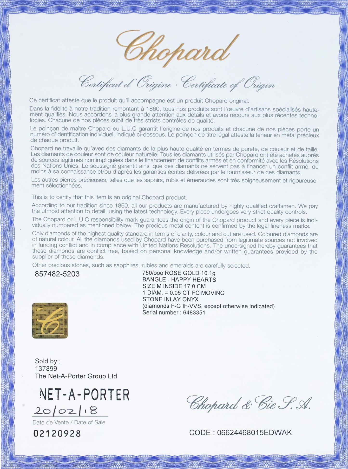 CHOPARD Happy Hearts 18k Rose Gold 0.05CT Diamond & Onyx Cuff Bracelet $3830