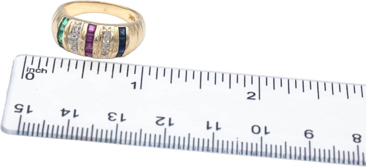 14k Yellow Gold Diamond Emerald Ruby Sapphire Band Ring 0.39CT Size 6.5