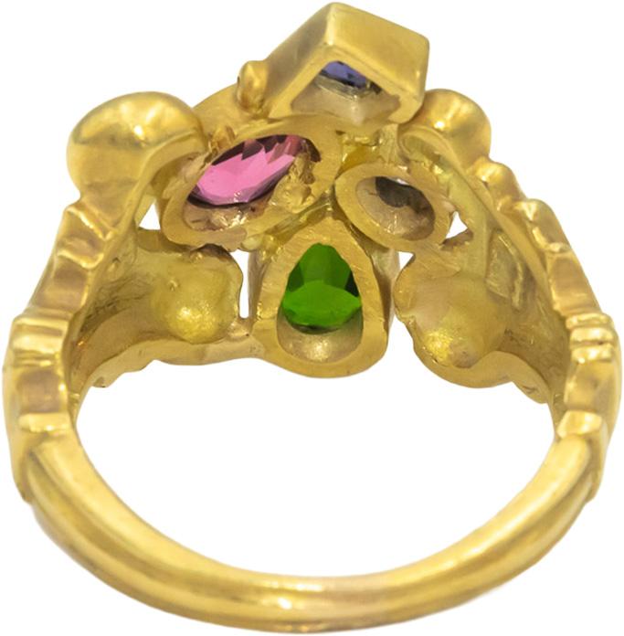 14k Yellow Gold Diamond Tourmaline Amethyst Tsavorite Cocktail Ring .10CT Size 6