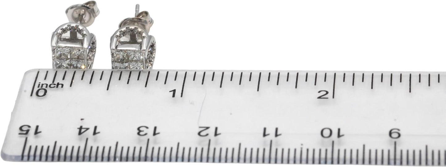 14k White Gold Princess & Round Diamond Stud Earrings 1.0CTW