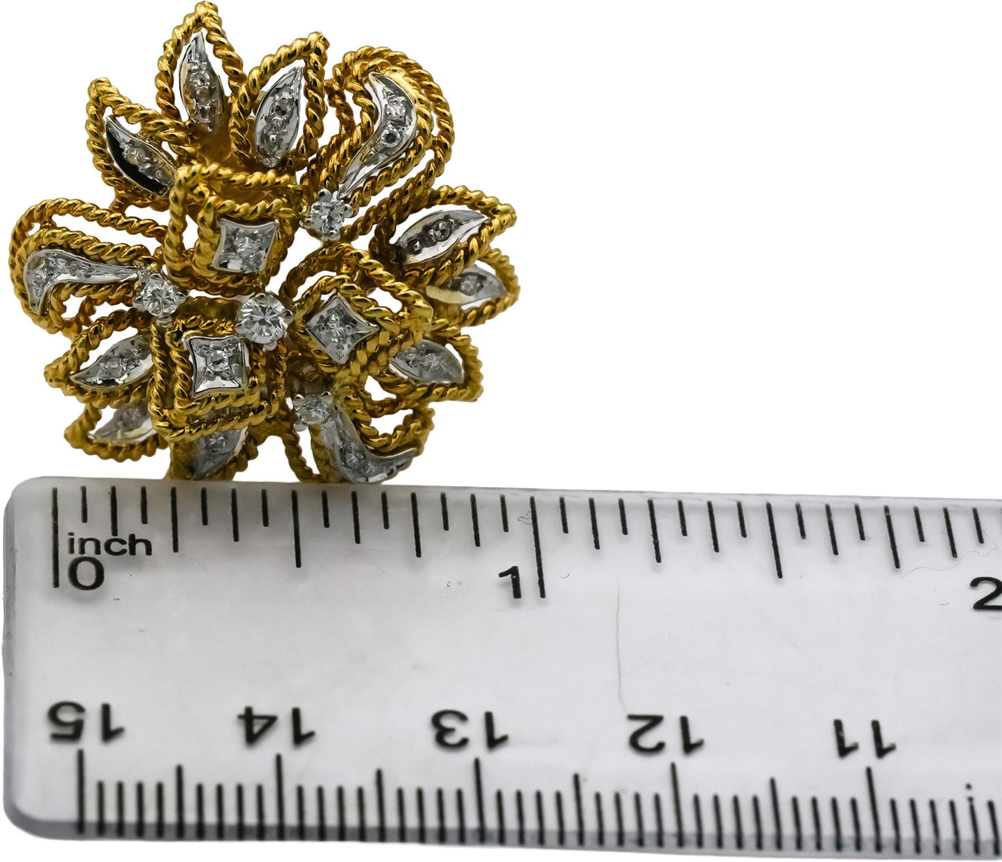 Vintage Retro 18k White and Yellow Gold VS Diamond Flower Clip-On Earrings .50CT