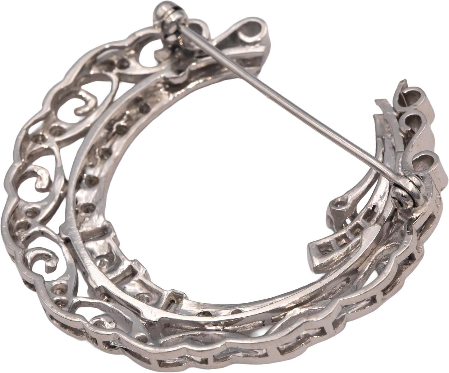 Platinum VS Round & Baguette Diamond Floral Crescent Brooch Pin 1.0CT